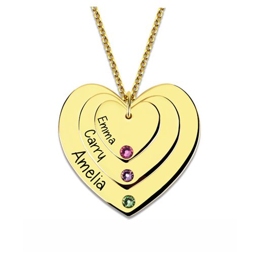 Triple Heart Necklace With Birthstones Gold Plated